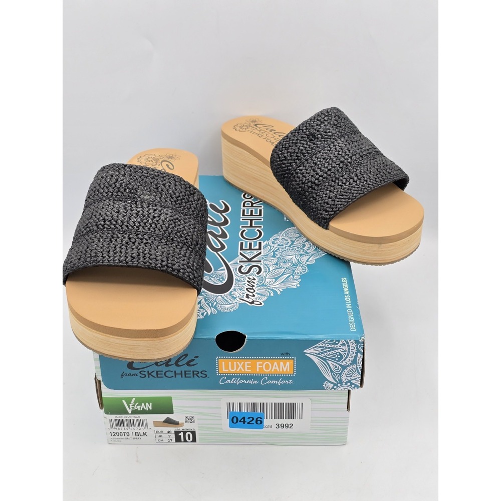 Skechers Women's Summers Salt Spray Wedge Slide Sandals Black 120070 Sz‎ 10